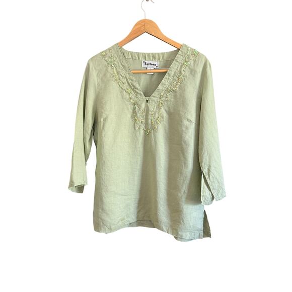 BUTTONS | 90s Vintage Sage Green Sequin V Neck Linen Shirt Tunic | Large - Picture 1 of 8